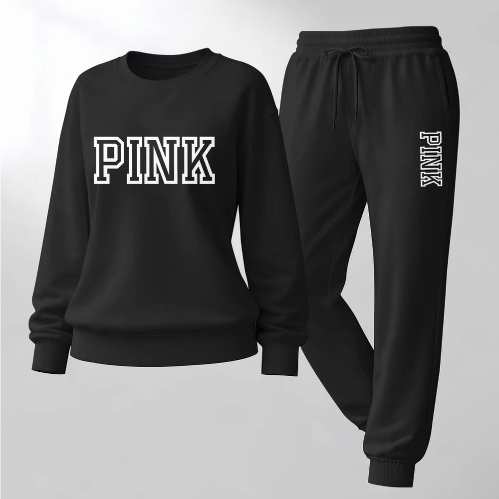 Women’s Pink Letter Print Crewneck Sweatshirt and Drawstring Track Pants Set L - Picture 2 of 13